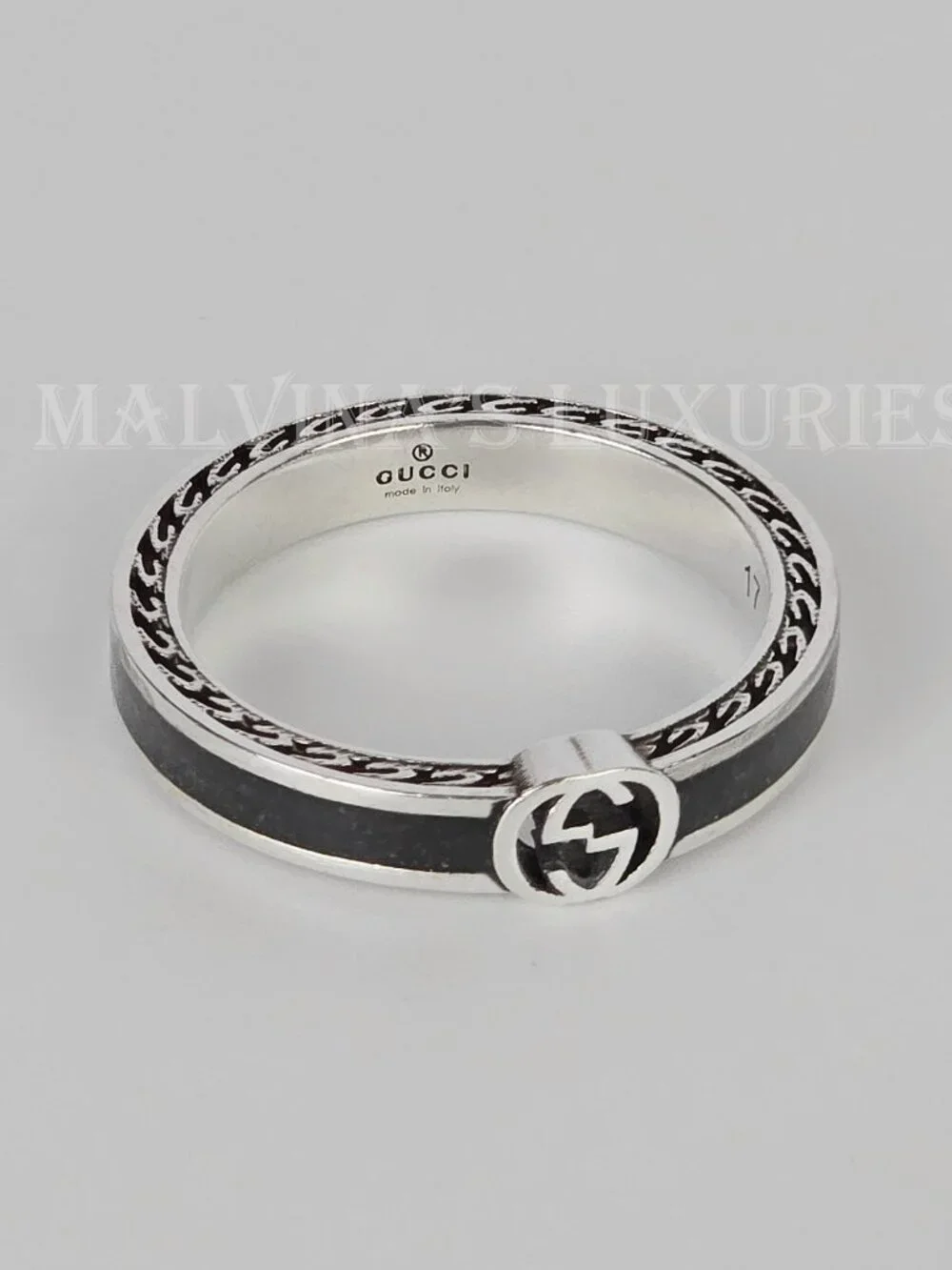 GUCCI RING STERLING SILVER w BLACK ENAMEL INTERLOCKING GG LOGO sz 17 US 8